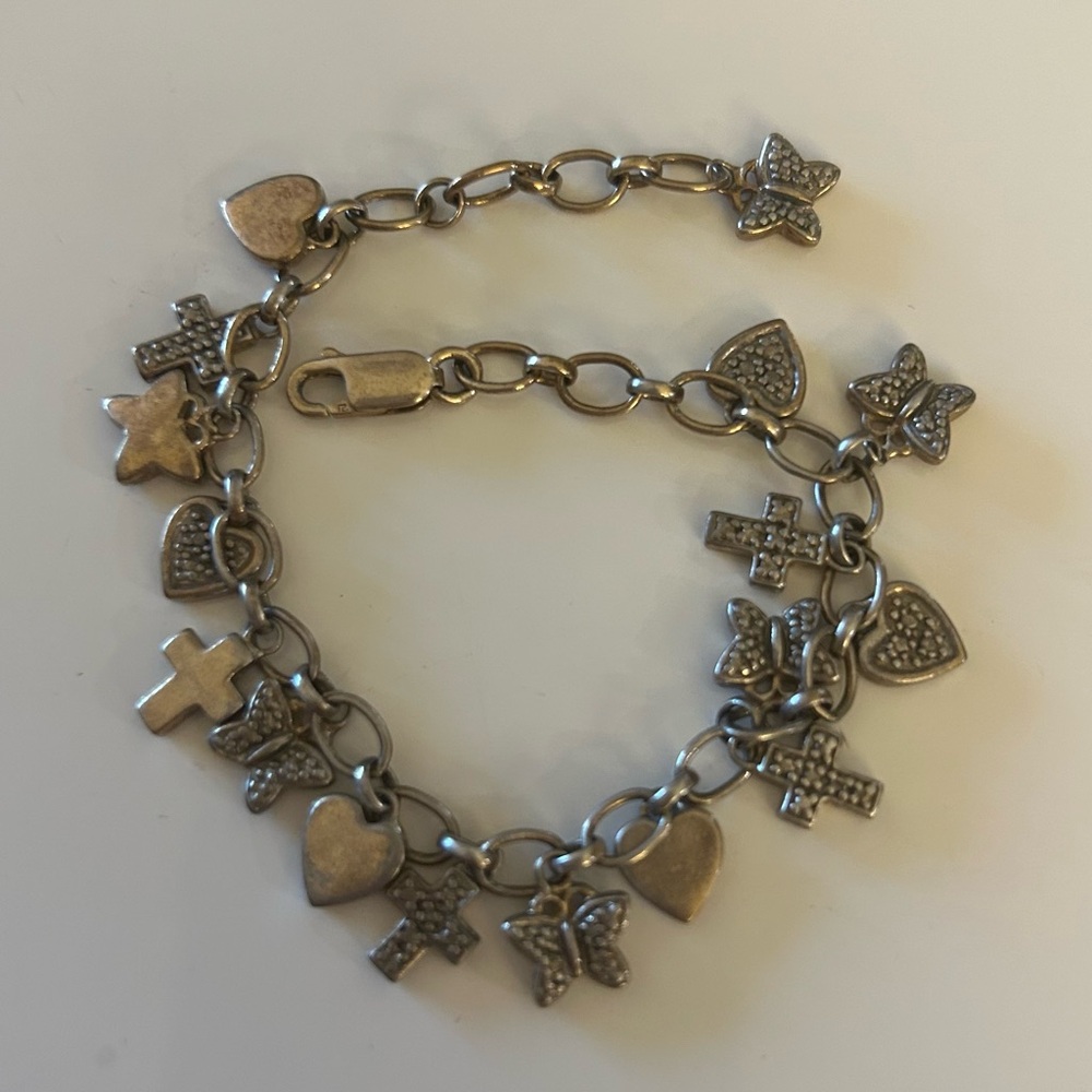 *SOLD* Vtg Sterling Silver Charm Bracelet with Heart Cross Butterfly Charms 7.5”